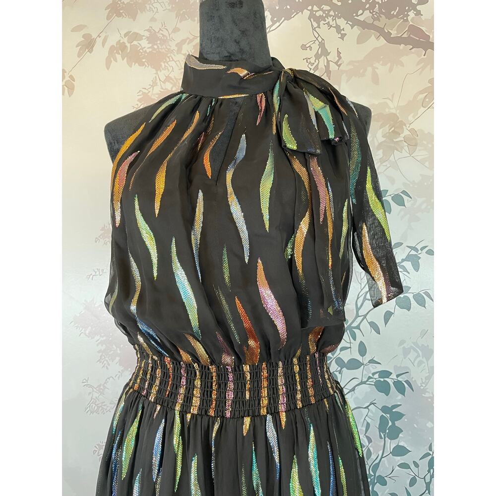 Shoshanna Metallic Rainbow Halter Neck Smocked Maxi Dress Black 10 Bow Tie - Picture 3 of 6